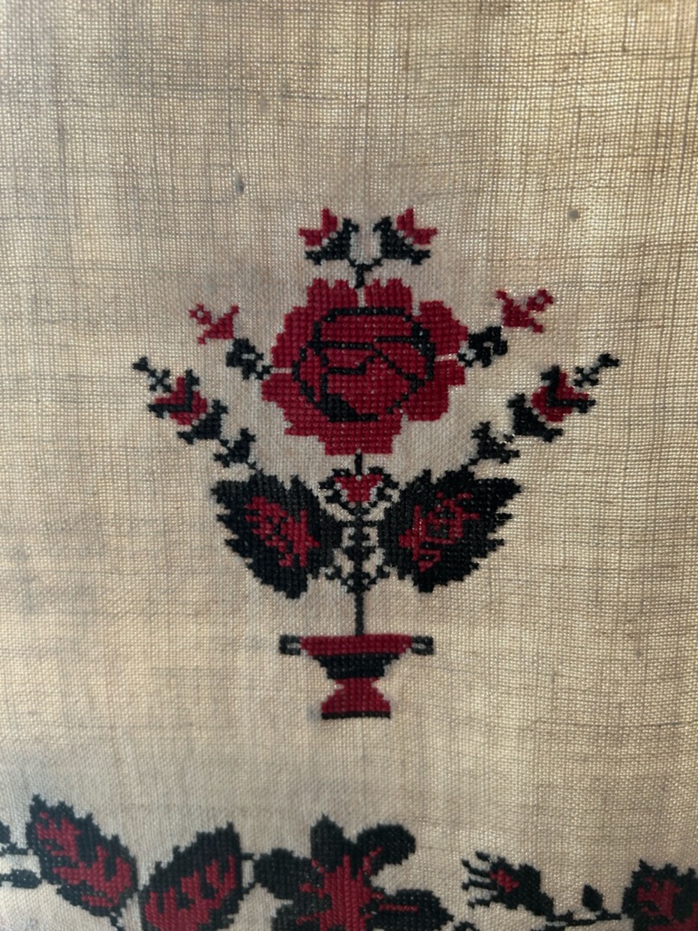 Vintage Cream Linen Runner with Red and Black Floral Hand Embroidered